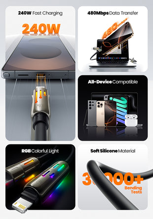 4 in 1 Interface 240W Fast Charging Cable with Zinc Alloy Liquid Silicone Wire Body Colorful RGB Light Laptop Charging