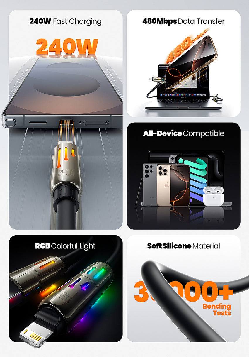 4 in 1 Interface 240W Fast Charging Cable with Zinc Alloy Liquid Silicone Wire Body Colorful RGB Light Laptop Charging