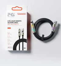 4 in 1 Interface 240W Fast Charging Cable with Zinc Alloy Liquid Silicone Wire Body Colorful RGB Light Laptop Charging