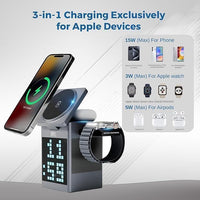 6-in-1 Magnetic Qi -Certified Wireless Charging Dock with Display, Alarm clock & Bluetooth Speaker, for SmartPhone, Watch & Earbuds | Apple, Android Supported
