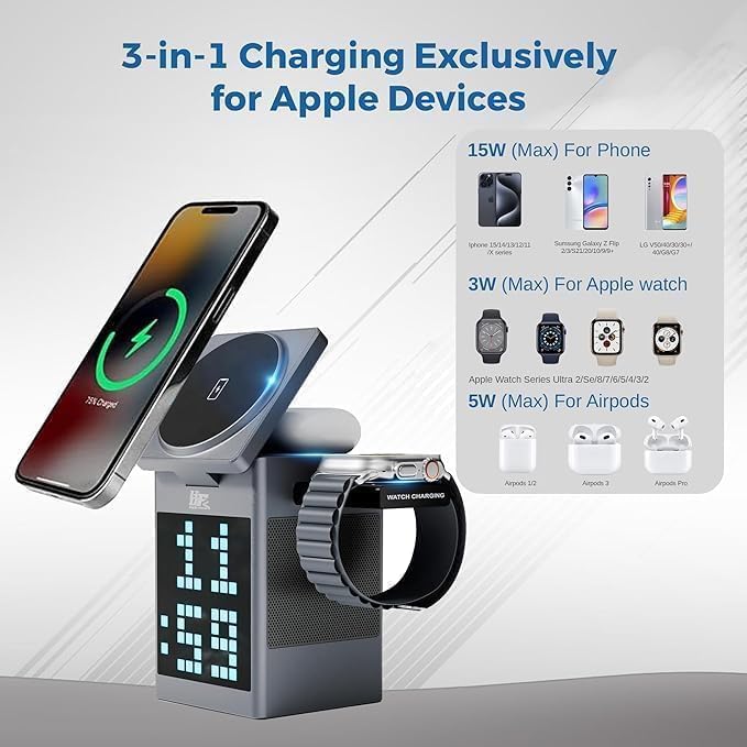 6-in-1 Magnetic Qi -Certified Wireless Charging Dock with Display, Alarm clock & Bluetooth Speaker, for SmartPhone, Watch & Earbuds | Apple, Android Supported