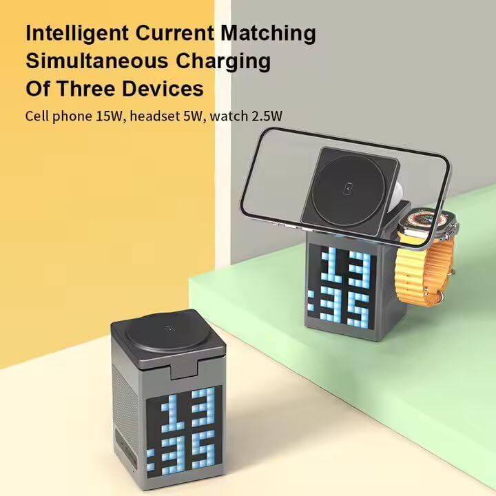 6-in-1 Magnetic Qi -Certified Wireless Charging Dock with Display, Alarm clock & Bluetooth Speaker, for SmartPhone, Watch & Earbuds | Apple, Android Supported