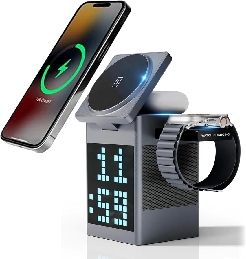 6-in-1 Magnetic Qi -Certified Wireless Charging Dock with Display, Alarm clock & Bluetooth Speaker, for SmartPhone, Watch & Earbuds | Apple, Android Supported