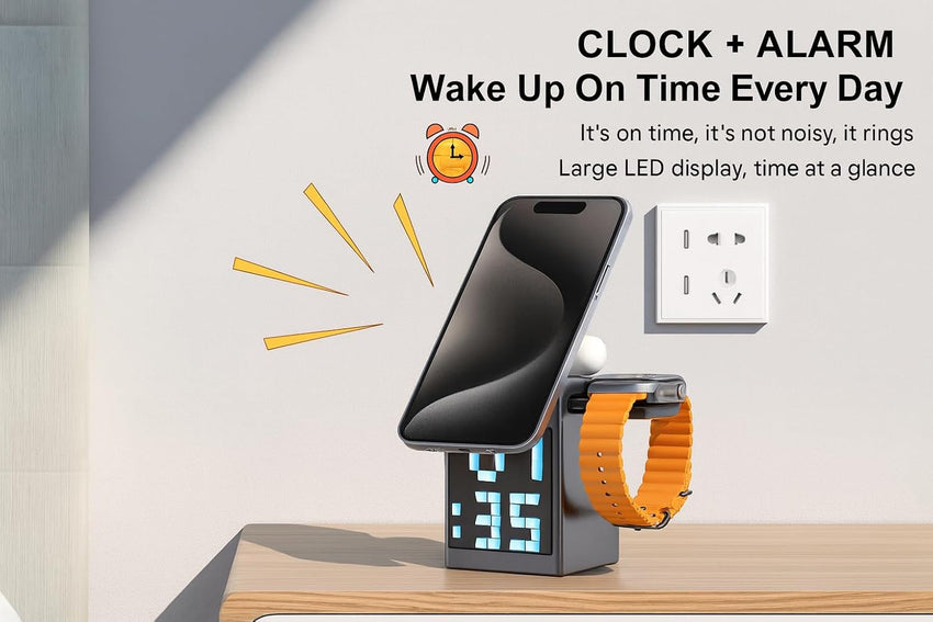 6-in-1 Magnetic Qi -Certified Wireless Charging Dock with Display, Alarm clock & Bluetooth Speaker, for SmartPhone, Watch & Earbuds | Apple, Android Supported