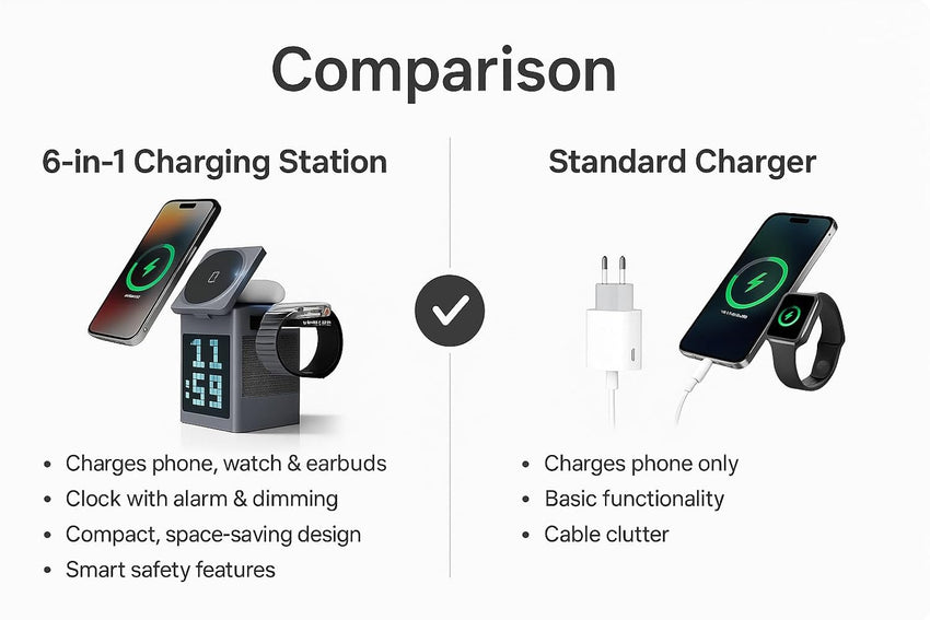 6-in-1 Magnetic Qi -Certified Wireless Charging Dock with Display, Alarm clock & Bluetooth Speaker, for SmartPhone, Watch & Earbuds | Apple, Android Supported