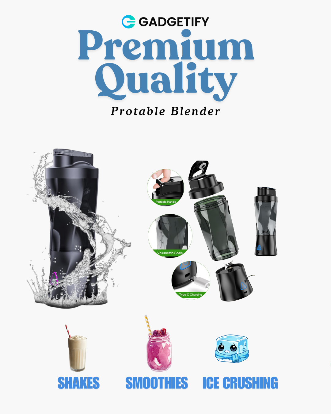Premium Portable Blender 700ml. USB-C Rechargeable. Best for Home,Travel,Office & Gym