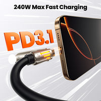 4 in 1 Interface 240W Fast Charging Cable with Zinc Alloy Liquid Silicone Wire Body Colorful RGB Light Laptop Charging