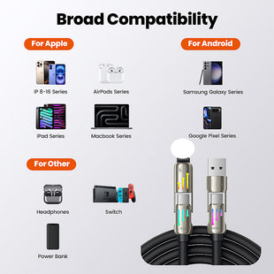 4 in 1 Interface 240W Fast Charging Cable with Zinc Alloy Liquid Silicone Wire Body Colorful RGB Light Laptop Charging