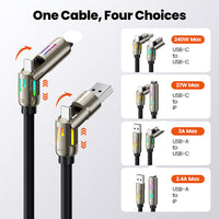 4 in 1 Interface 240W Fast Charging Cable with Zinc Alloy Liquid Silicone Wire Body Colorful RGB Light Laptop Charging