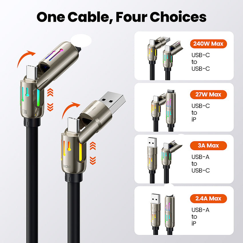 4 in 1 Interface 240W Fast Charging Cable with Zinc Alloy Liquid Silicone Wire Body Colorful RGB Light Laptop Charging