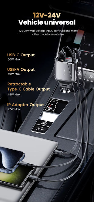 105W Car Charger Adapter Car Mobile Phone Charging Retractable Car Charger