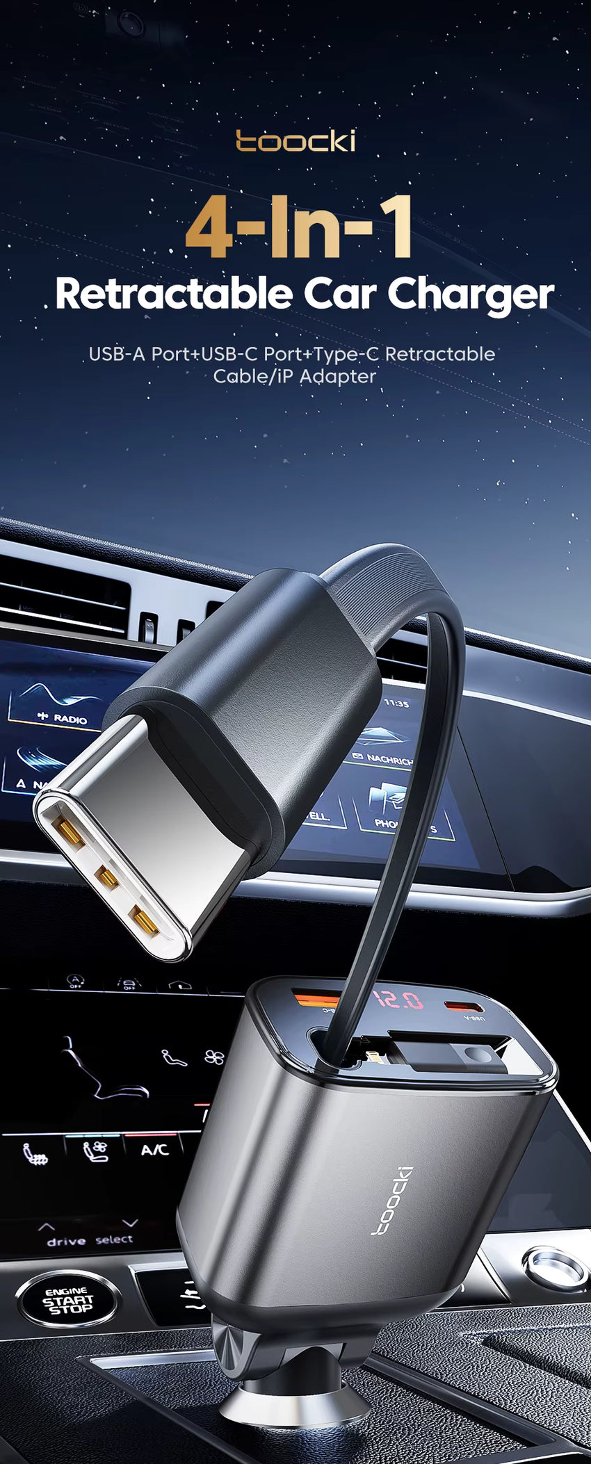 105W Car Charger Adapter Car Mobile Phone Charging Retractable Car Charger