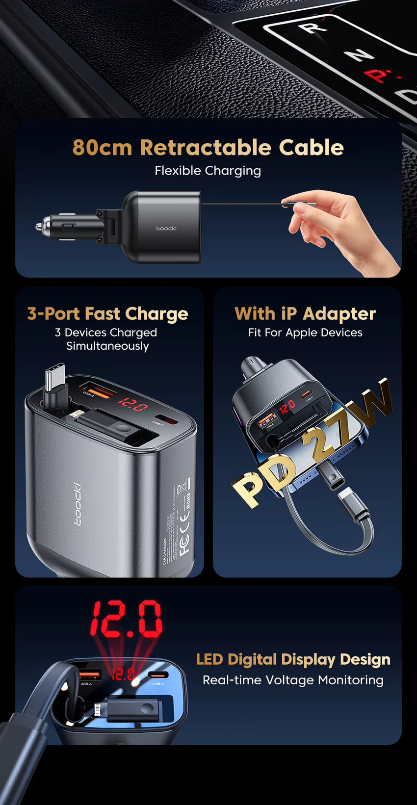 105W Car Charger Adapter Car Mobile Phone Charging Retractable Car Charger